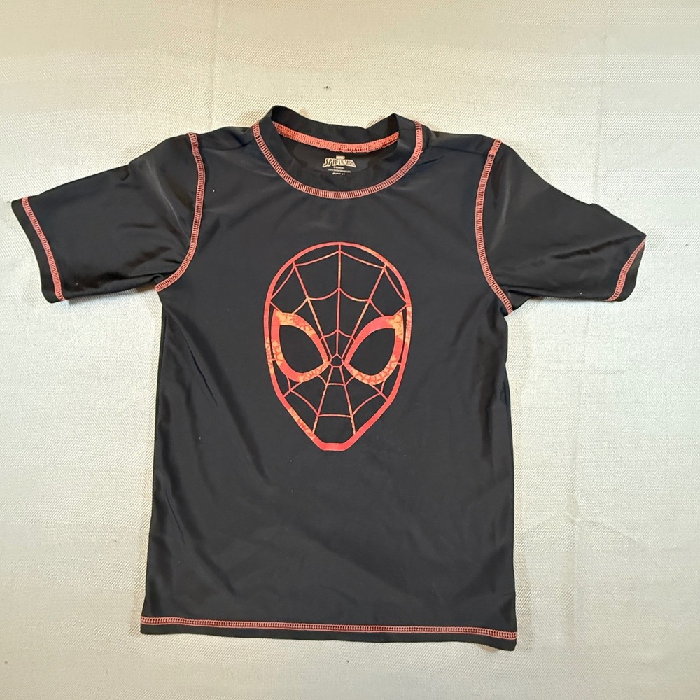 Marvel Spider-Man Boys Rash Guard Swim Shirt Black Red Mask Size M Medium 1759